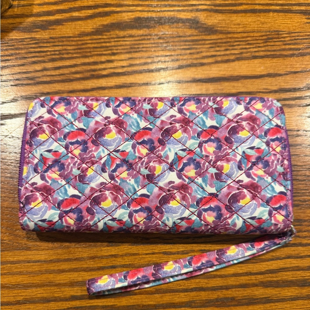 Quilted Floral Zip Around Wallet Purple Wristlet Clutch - Picture 1 of 5